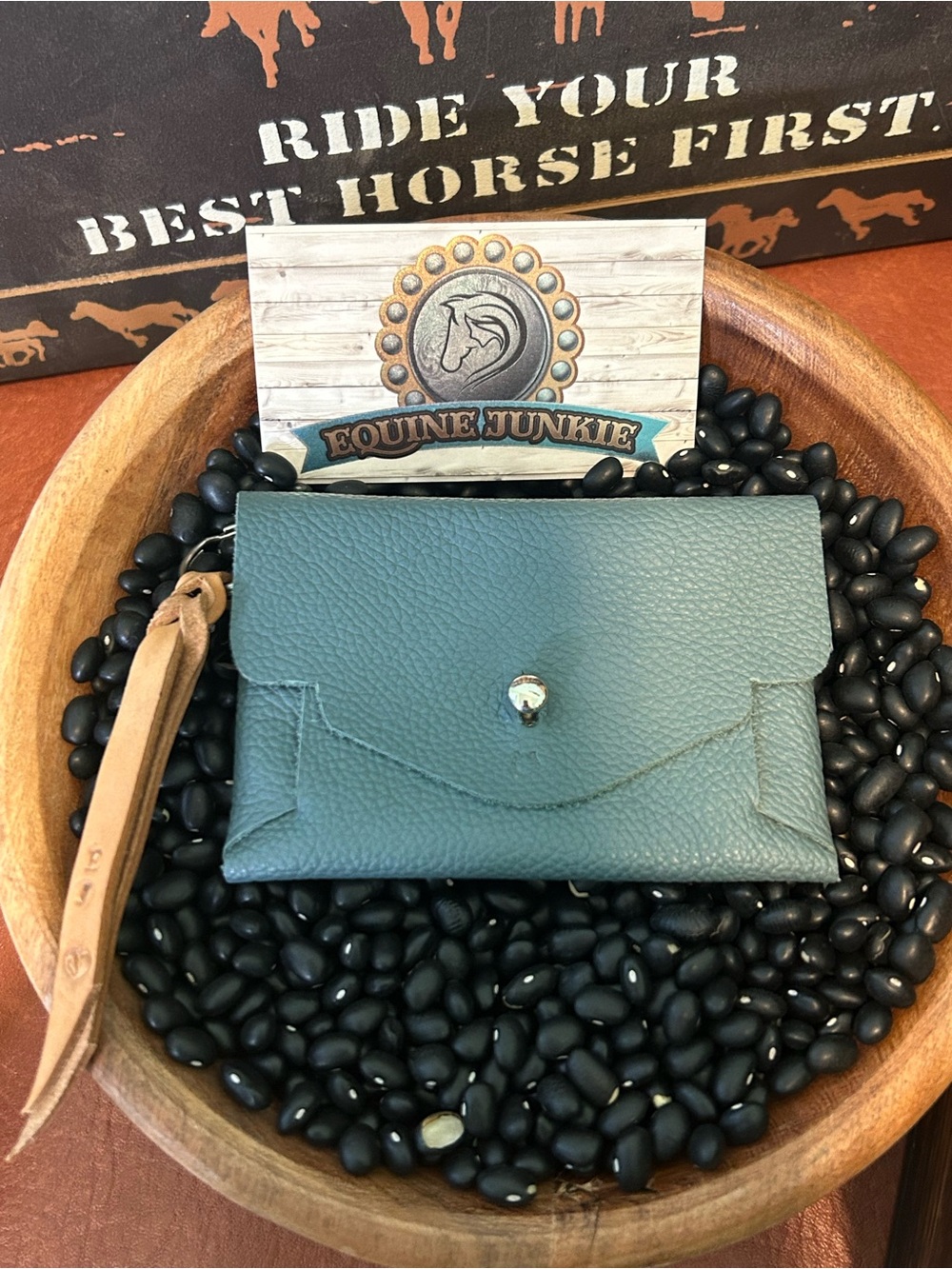 Handmade Blue Leather Wallet Cardholder with Leather Strap